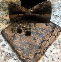 Load image into Gallery viewer, Jacquard Silken Bowtie Set w/ Pocket Square and Cufflinks
